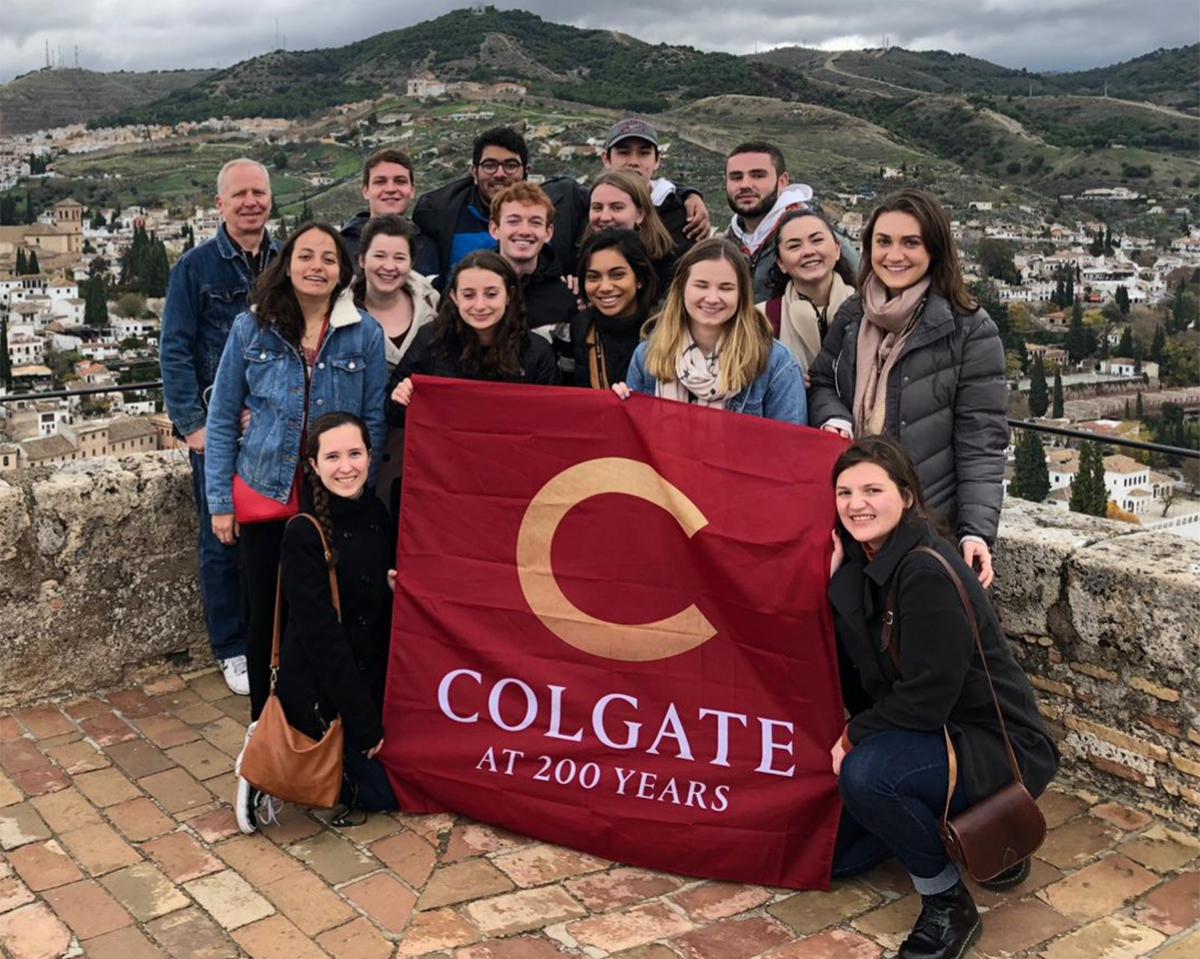 The Madrid Study Group marked Colgate´s Bicentennial year by unfurling a banner atop the Torre de la Vela at the Alhambra during a weekend excursion to Granada, Spain.