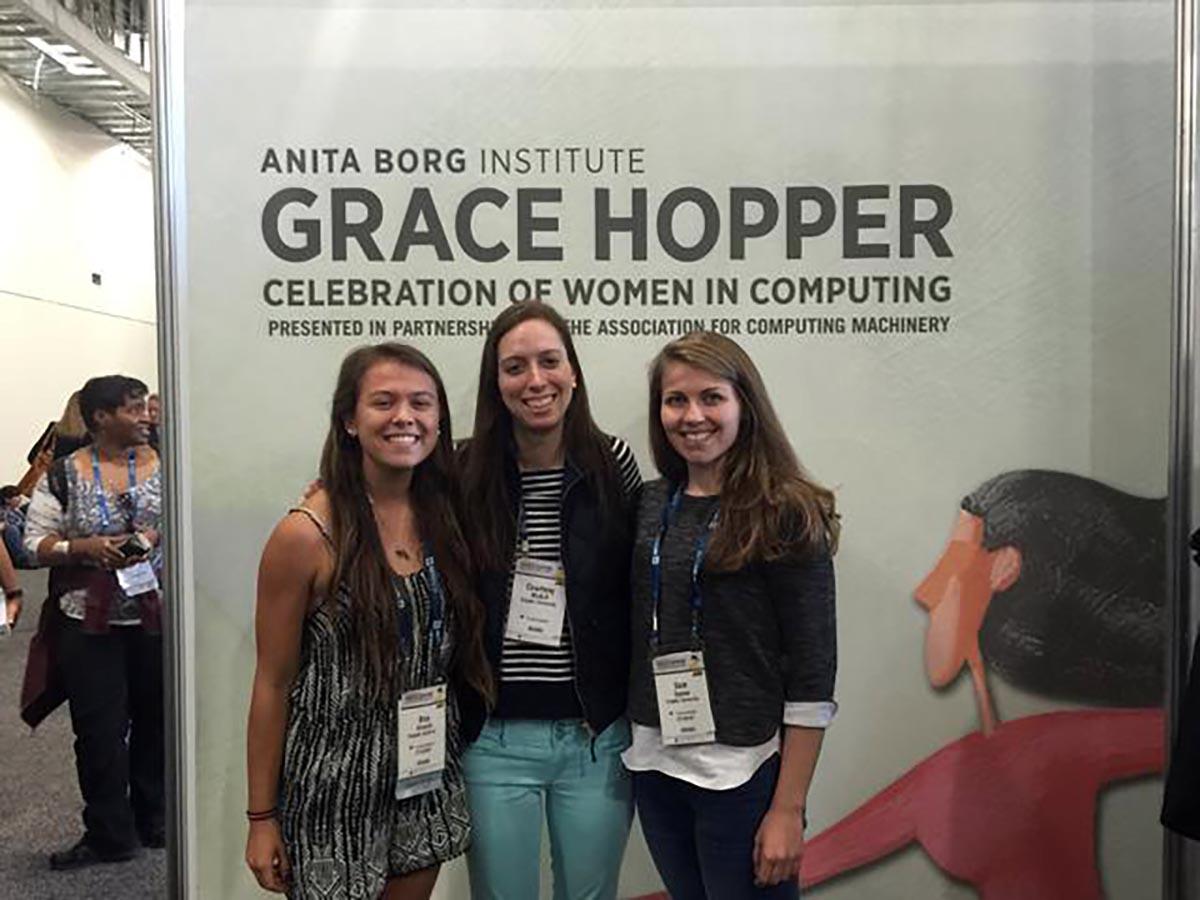 Three female Colgate students in attendance at the Grace Hopper Celebration of Women in Computing
