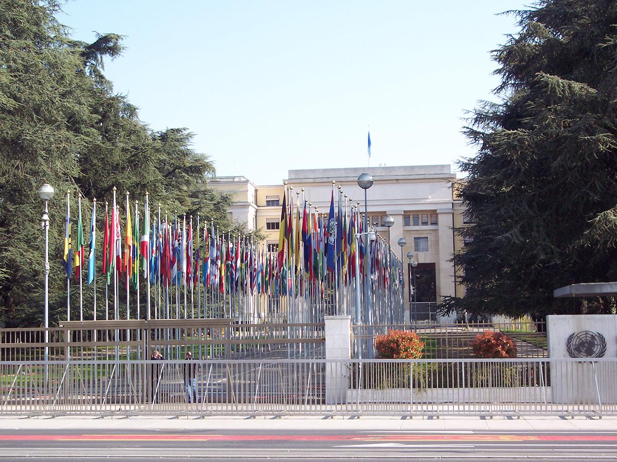 Flags outside the United Nations in Geneva, Switzerland