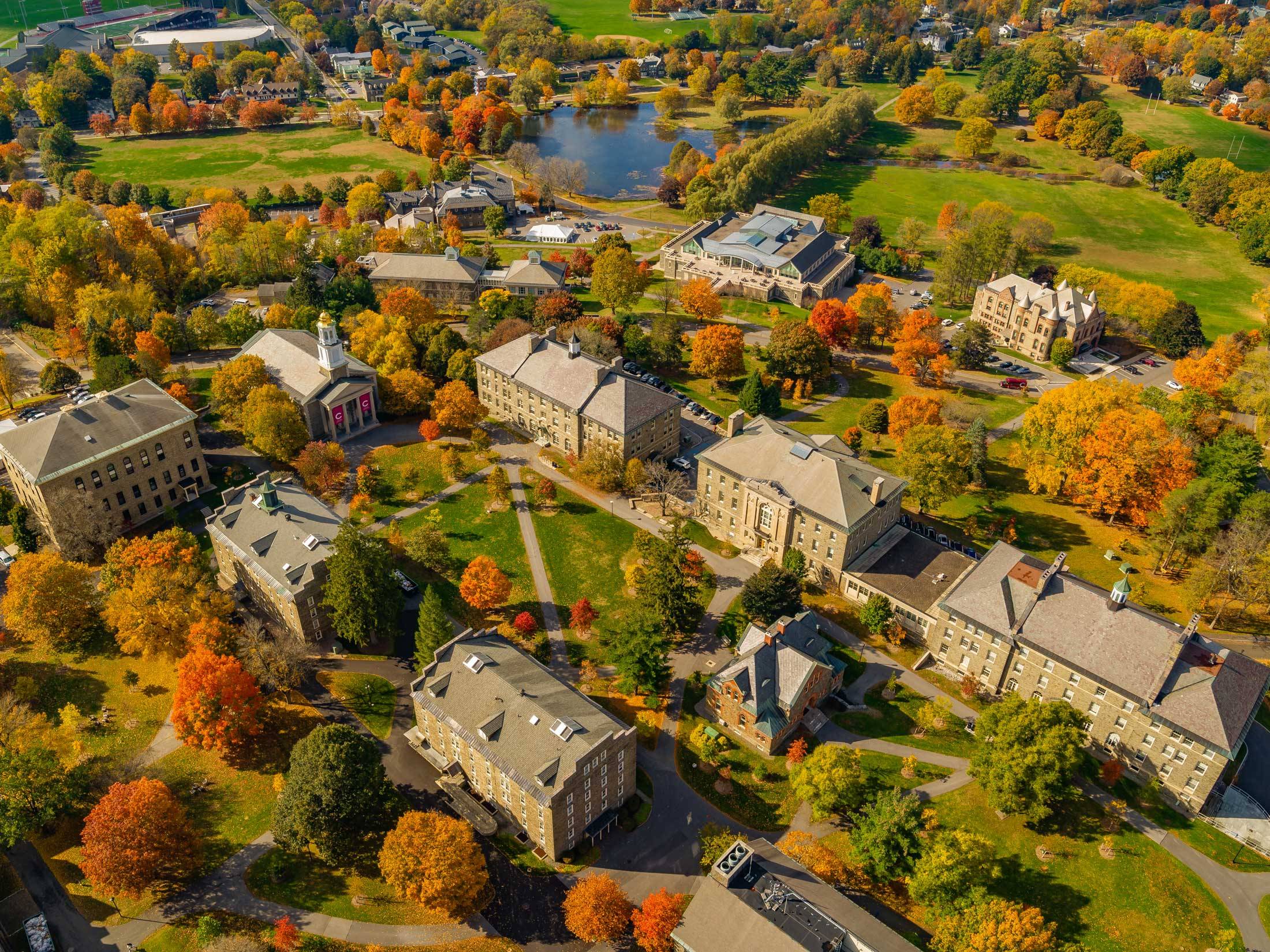 Aerial picture of campus in fall