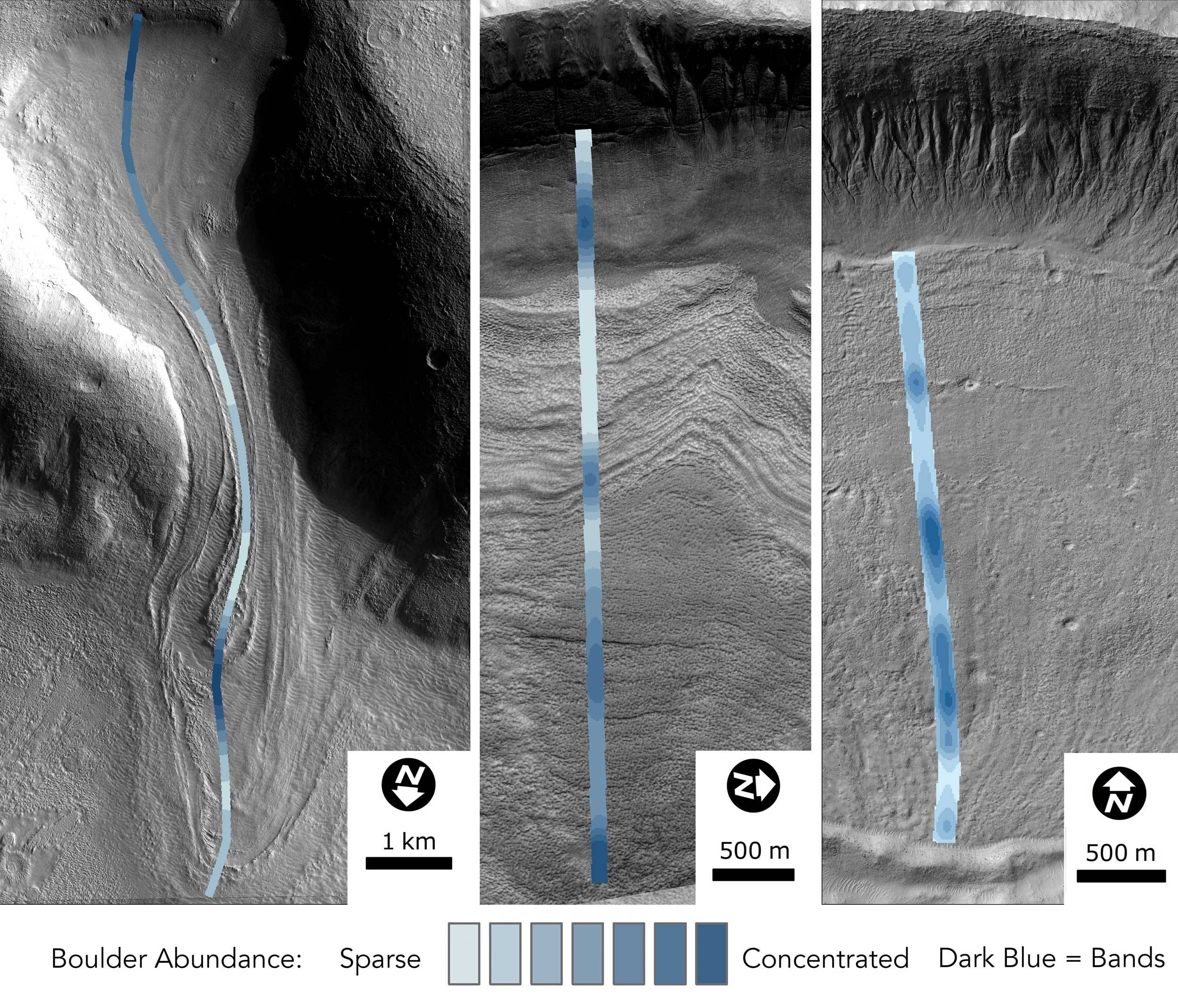 comparison of glacier debris on martian surface