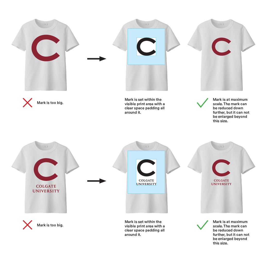 sizing guide for colgate wordmark on tshirt example