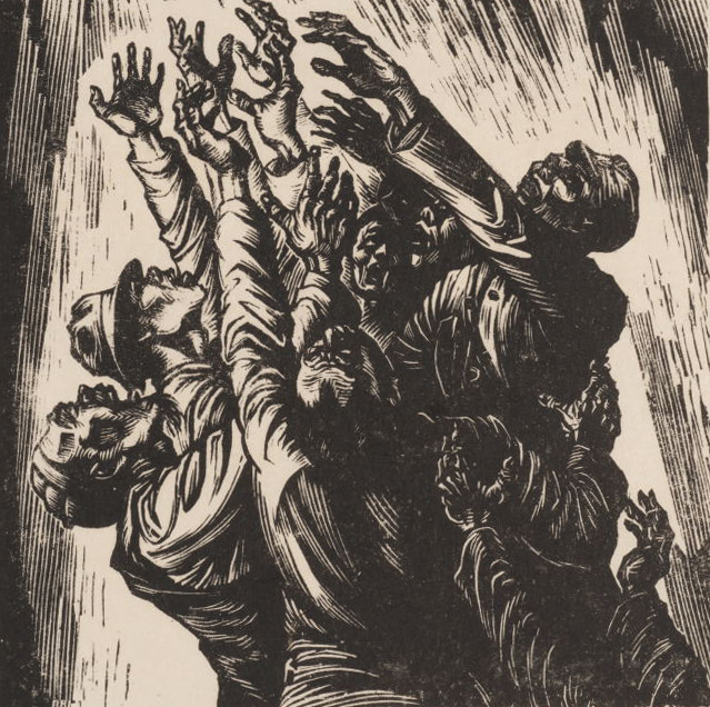 李桦 (Li Hua) (Chinese, 1907 - 1994), Pursuit of Light, 1944, woodcut on laid paper.<br />
Gift of Professor and Mrs. Theodore Herman, 1980.199.1