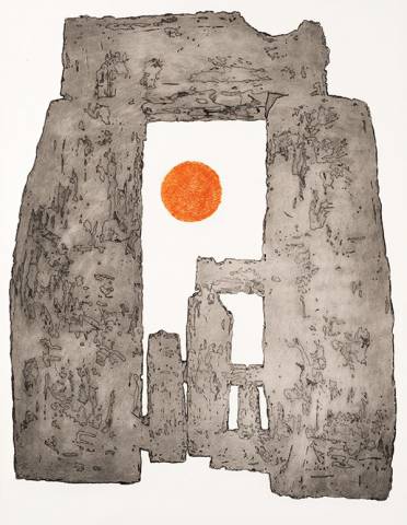 sketch of Stonehenge with orange sun
