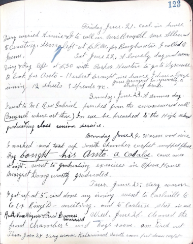 Diary entry (June 24 1912) detailing the purchase of the Rhoades family’s first car