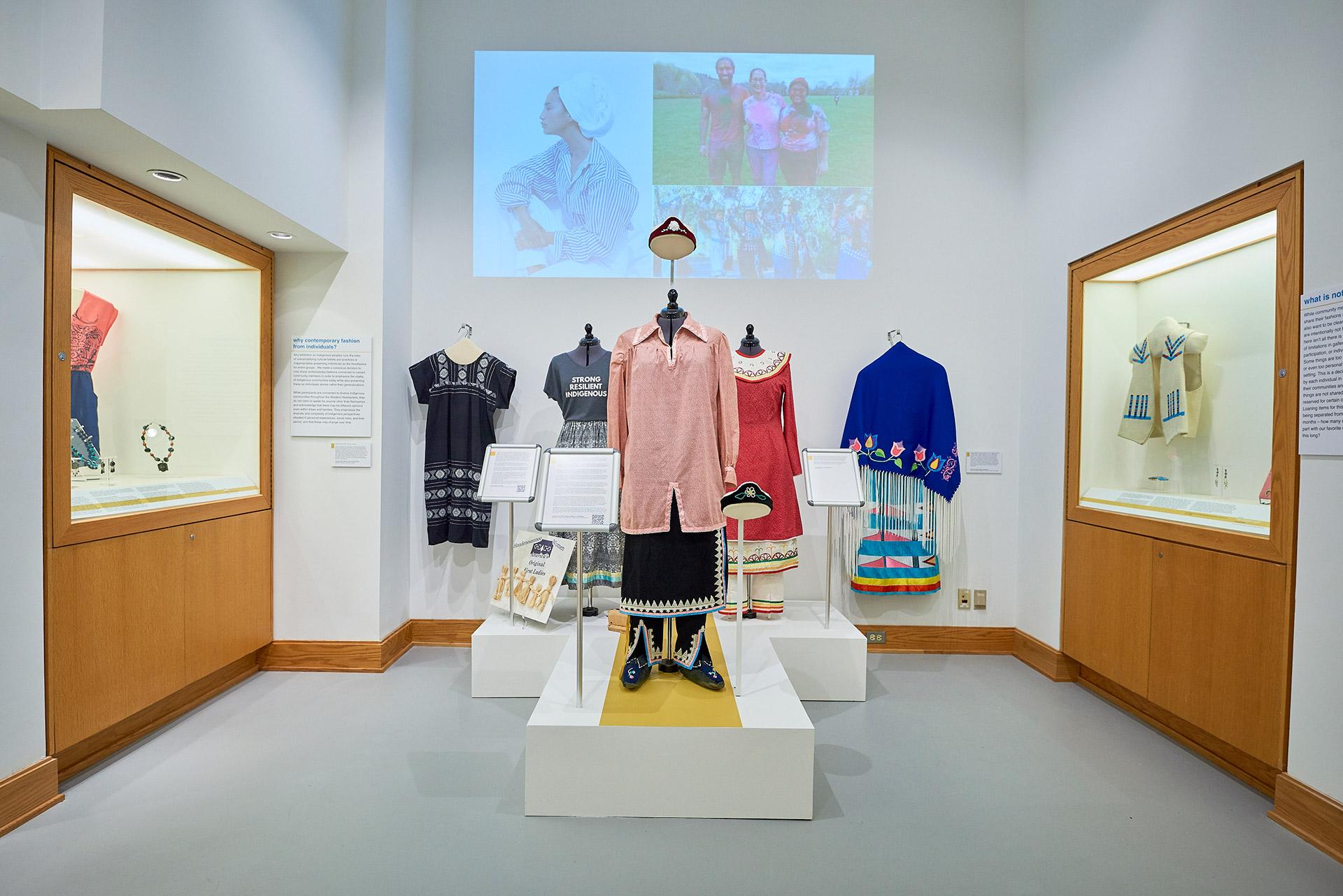 An exhibition of Indigenous clothing at the Longyear Museum of Anthropology