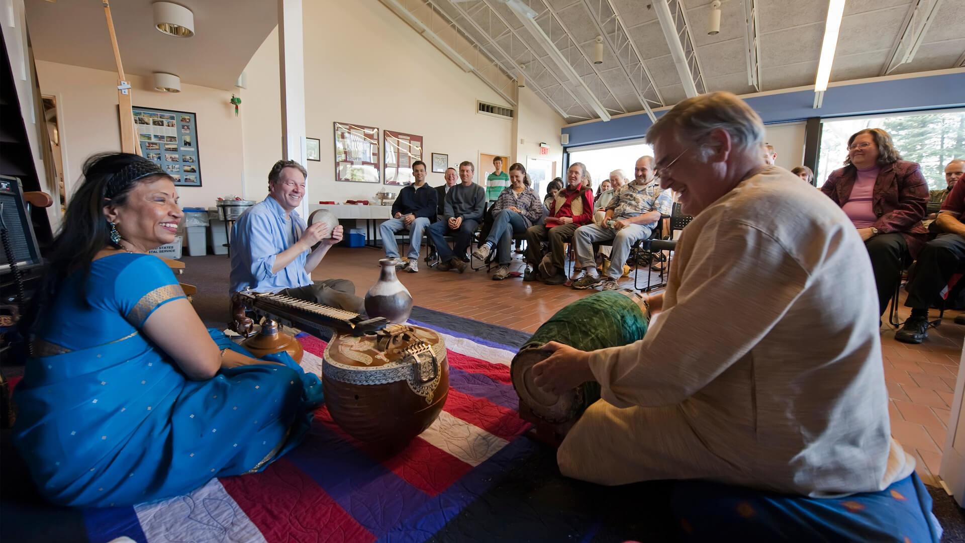 Guest Musicians from the Incredible India ensemble perform traditional music at the ALANA Cultural Center on campus.