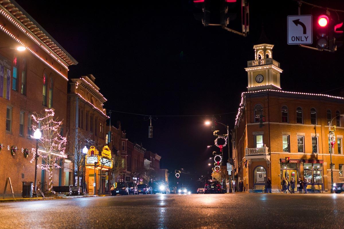 Night scene of village green in downtown Hamilton, New York