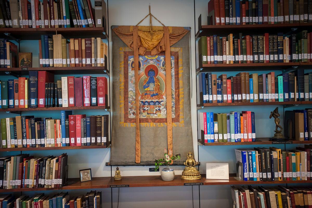 Colgate’s Chapel House sanctuary and spiritual retreat center features a library of religious texts