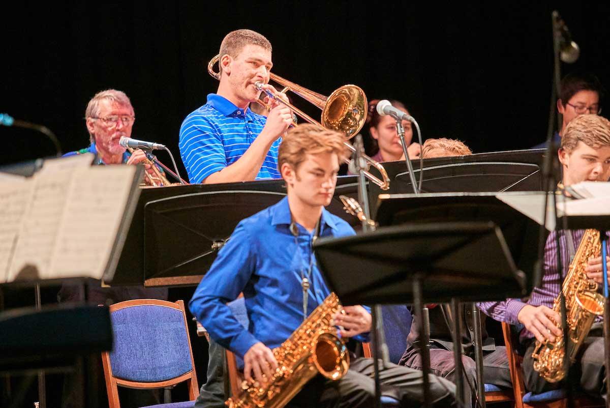 The Colgate University Jazz Ensemble plays "funky" big band jazz at the Palace Theater, directed by Glenn Cashman.