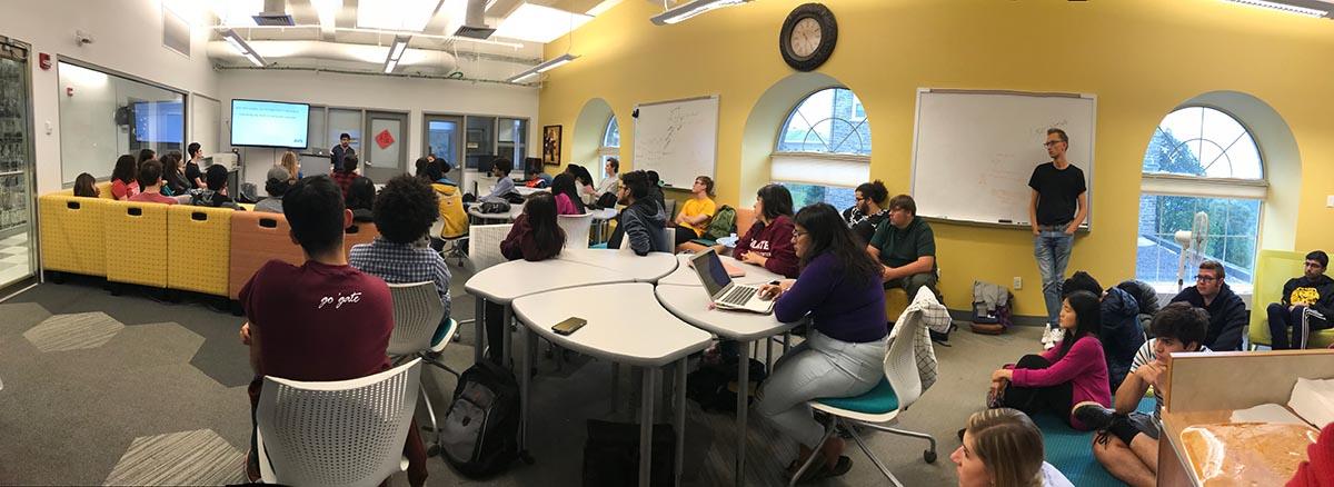 Students use the research lounge for research, collaboration, and even the occasional nap.