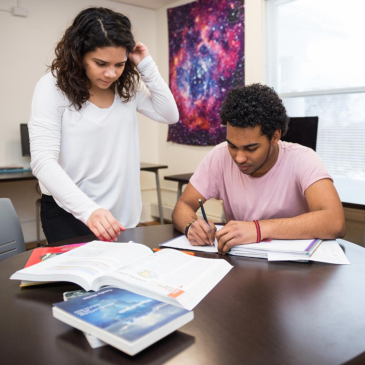 Two OUS scholars work together in an OUS study lounge