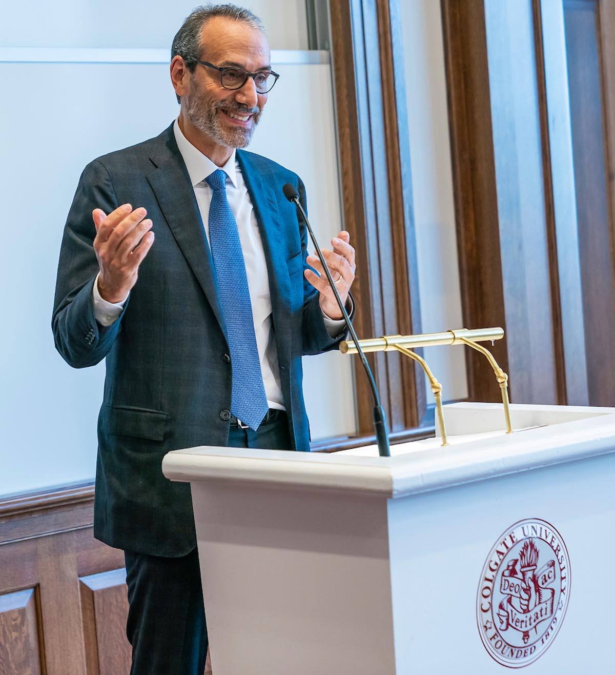 Donor, Board of Trustees member and building namesake Daniel C. Benton ’80, P’10, H’10  speaks at the dedication of Benton Hall.