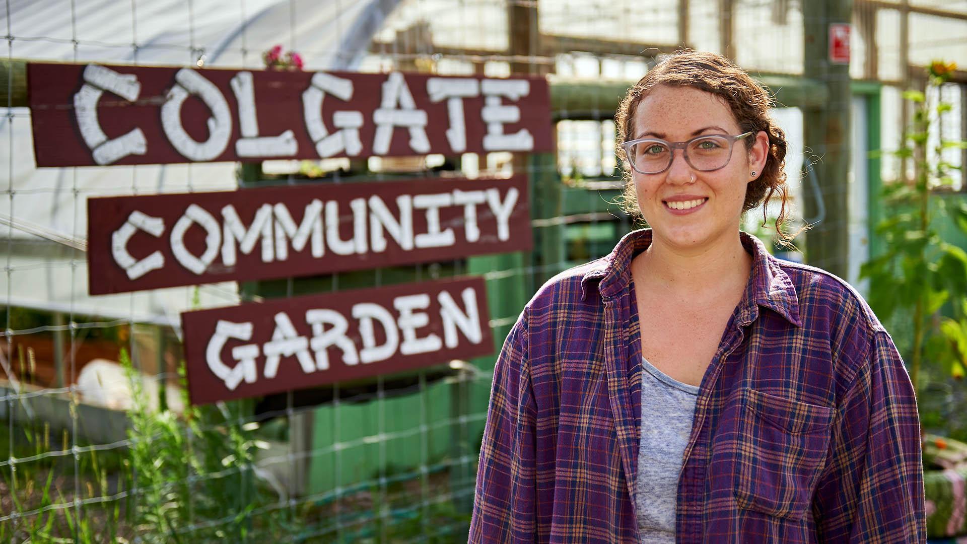 Grace Littlefield, Colgate Class of 2016, photographed at the Colgate Community Garden, located on Route 12B in Hamilton, N.Y., during one of the monthly summer work parties.