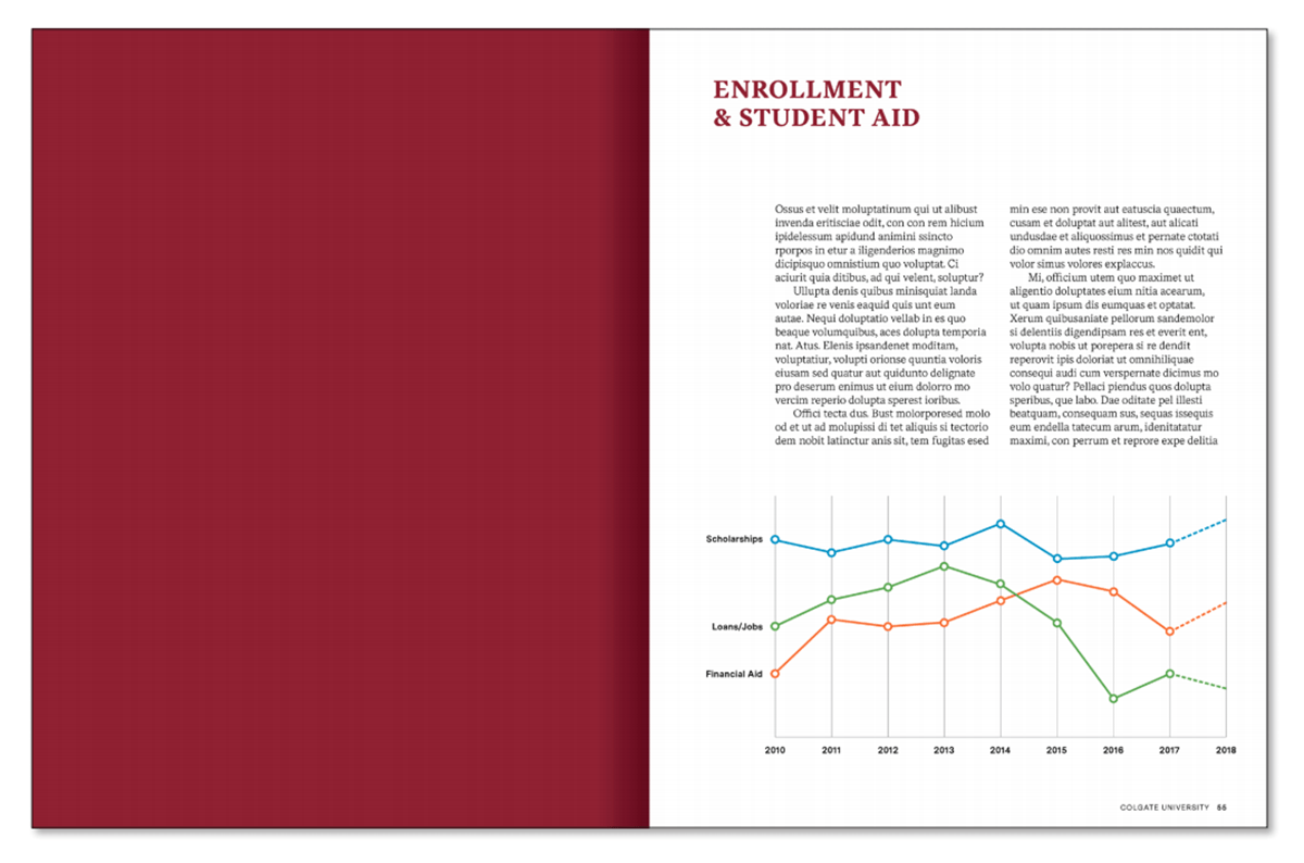 A publication example with a maroon cover and a graph with tertiary colored elements