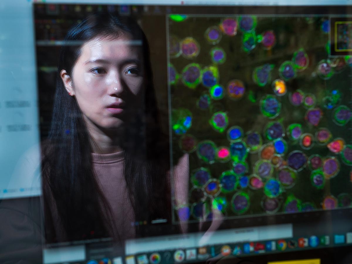 Yuqi Maya Can '18 reflected in a monitor while working at the National Institutes of Health