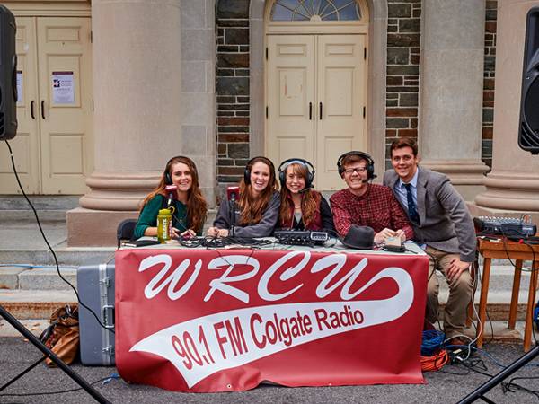 The Colgate community enjoys a barbecue on the quad during homecoming weekend. Here, students from WRCU provide music for the gathering.