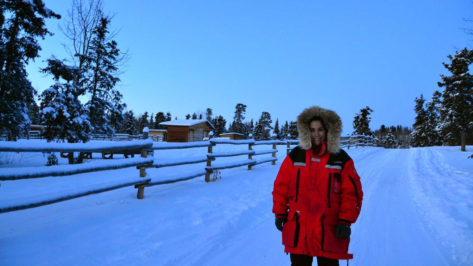 Student in parka in snowy Canadian scene as twilight begins to fall
