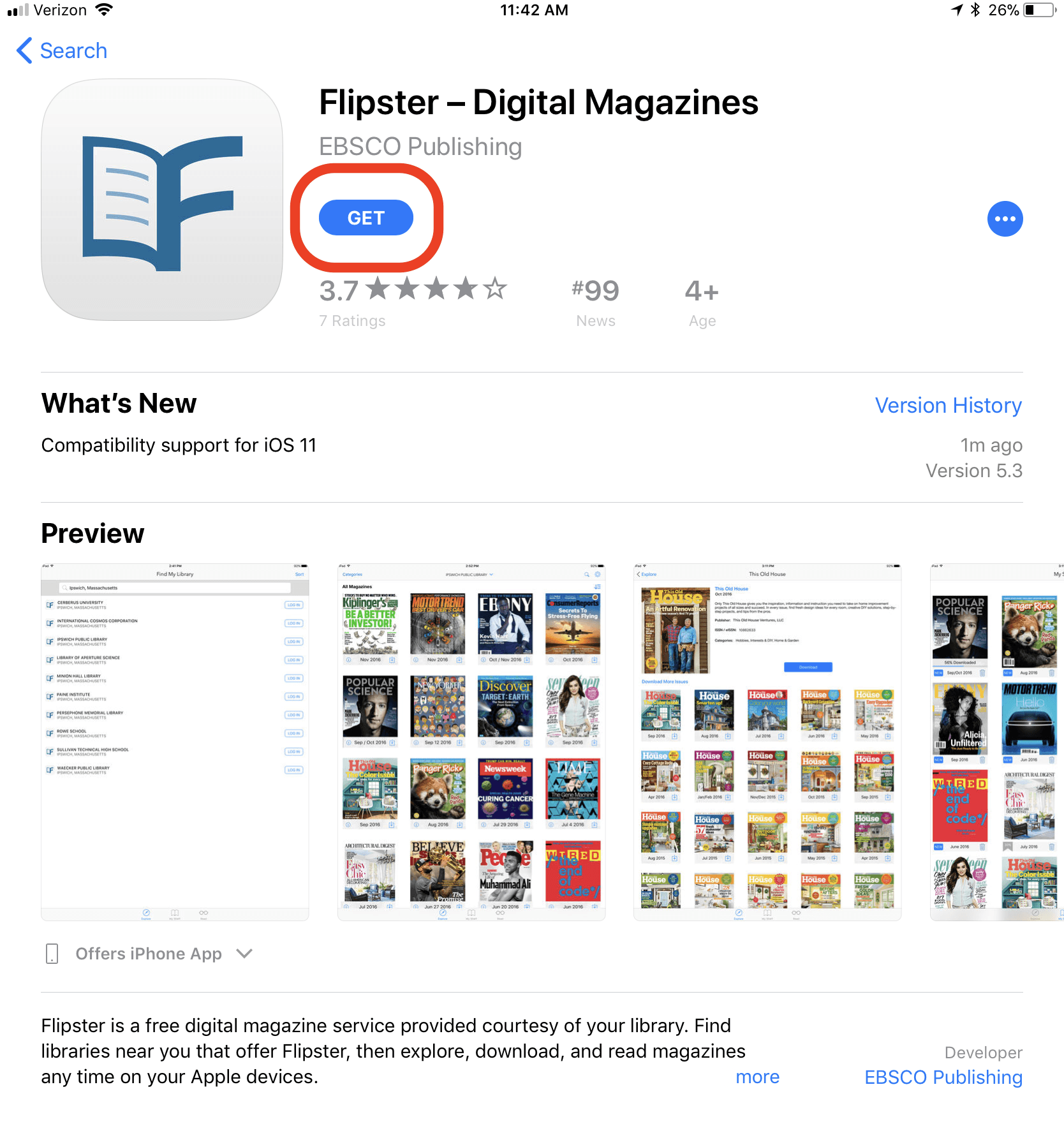 Image of Flipster's listing in the App Store circling the "Get" button