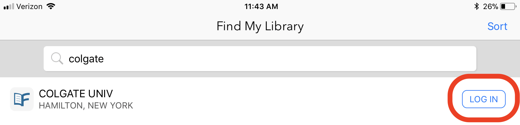 Screenshot of Flipster screen showing the COLGATE UNIV result, circling the Log In button