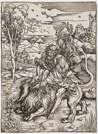 woodcut of Samson fighting a lion