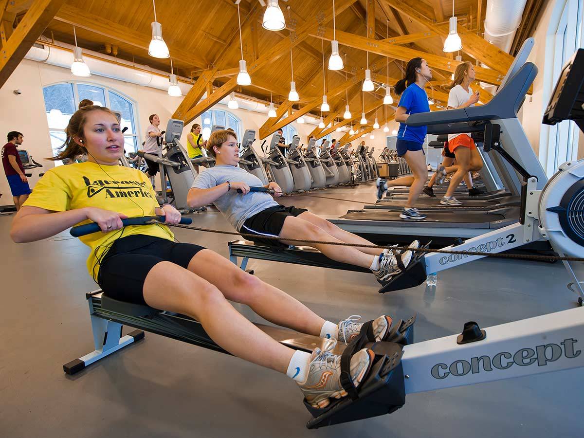 Students on the rowing machines in Trudy Fitness Center