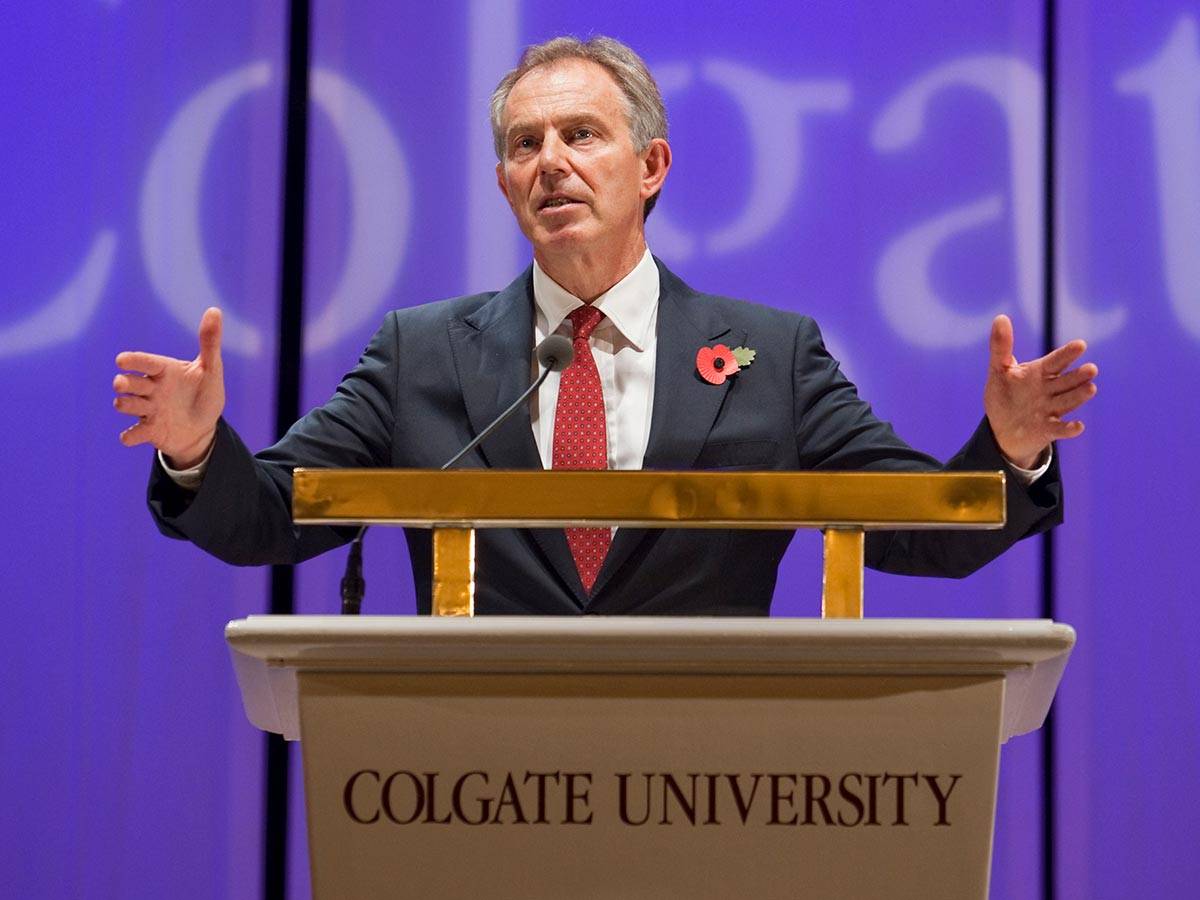 Tony Blair speaks in Sanford Field House