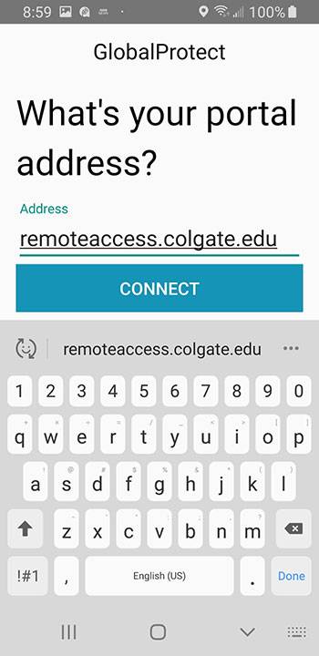 Screenshot showing the entry of remoteaccess.colgate.edu as the address