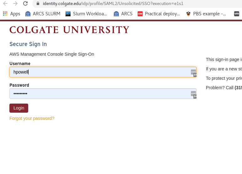 Colgate login screen
