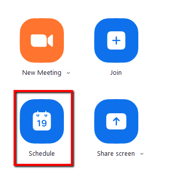 Screenshot highlighting the Schedule icon in the Zoom app