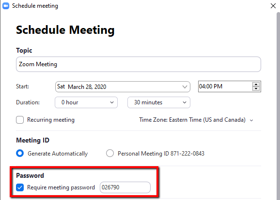 Screenshot showing the location of the Zoom Meeting Password option