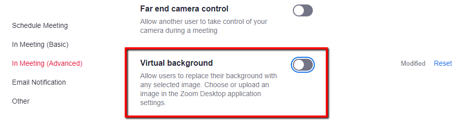Screenshot showing how to disable virtual backgrounds in Zoom