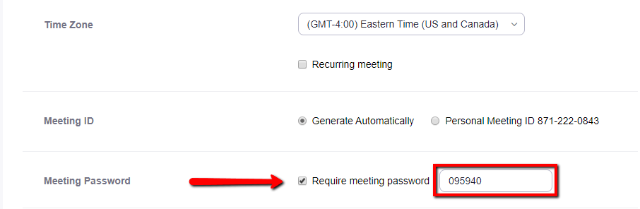 Screenshot showing the location of the Zoom Meeting Password option