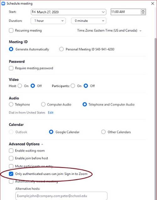 Screenshot of the Zoom app showing where to select to allow only authenticated users