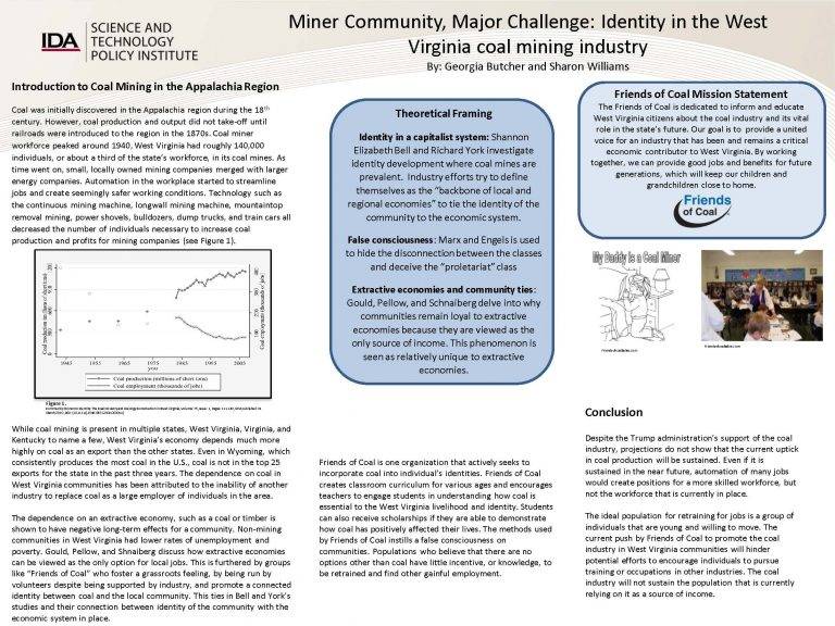 Georgia Butcher's poster "Miner Community, Major Challenge: Identity in the West Virginia coal mining industry"