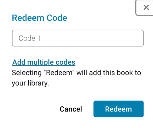 Screenshot of website: Redeem code, followed by submission box, link for "Add multiple codes", buttons for "Cancel" and "Redeem"