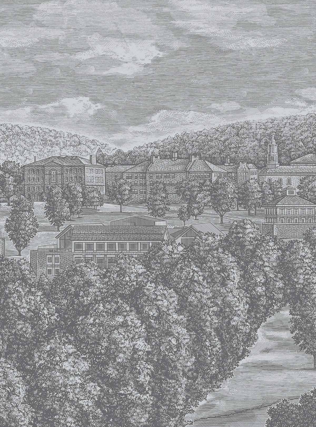 Woodcut style illustration of the Colgate campus