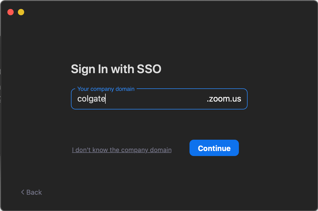 Screenshot showing how to enter Colgate for the SSO login process