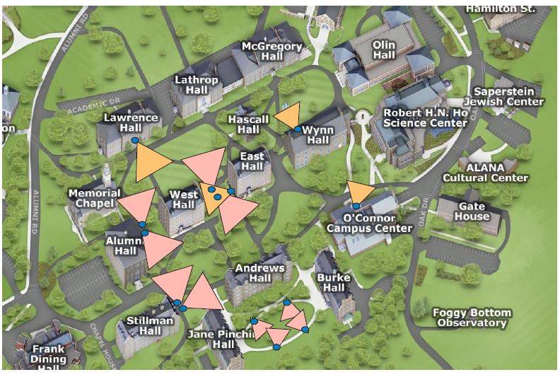 Map of upper campus with available wifi zones.