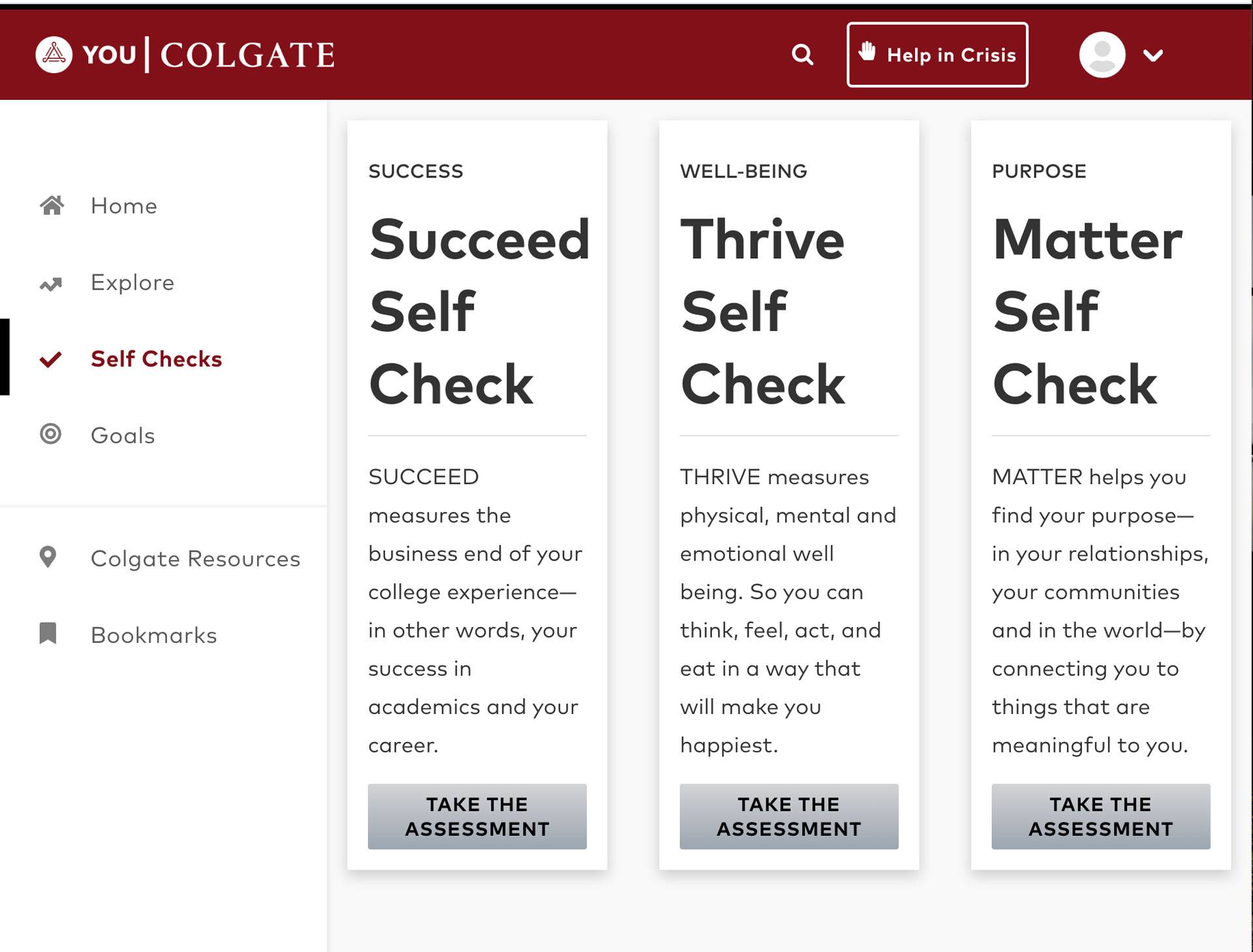 Screen shot of You@Colgate Self-check page