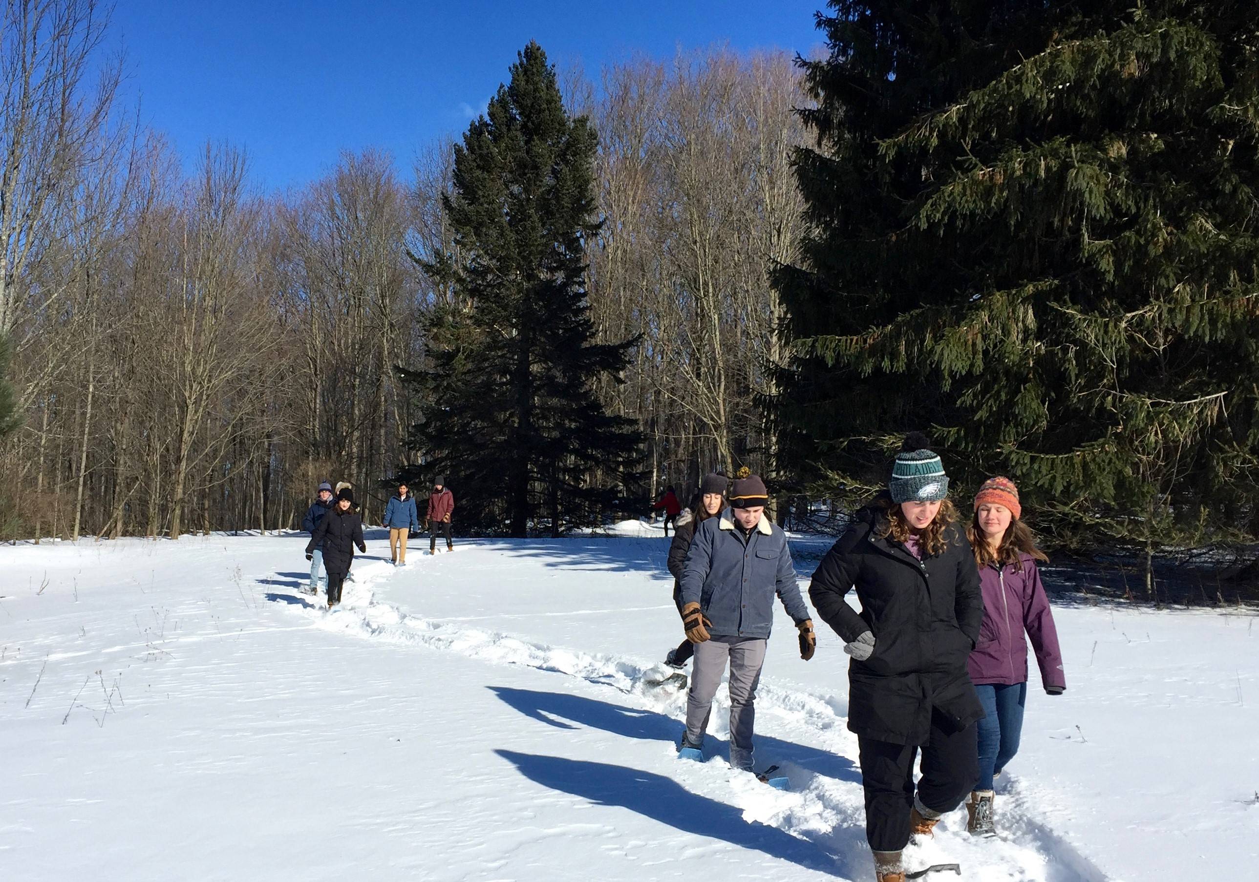 Colgate students snowshoe to the upper woods of the Colgate University campus during an outdoor session of The Geography of Happiness.