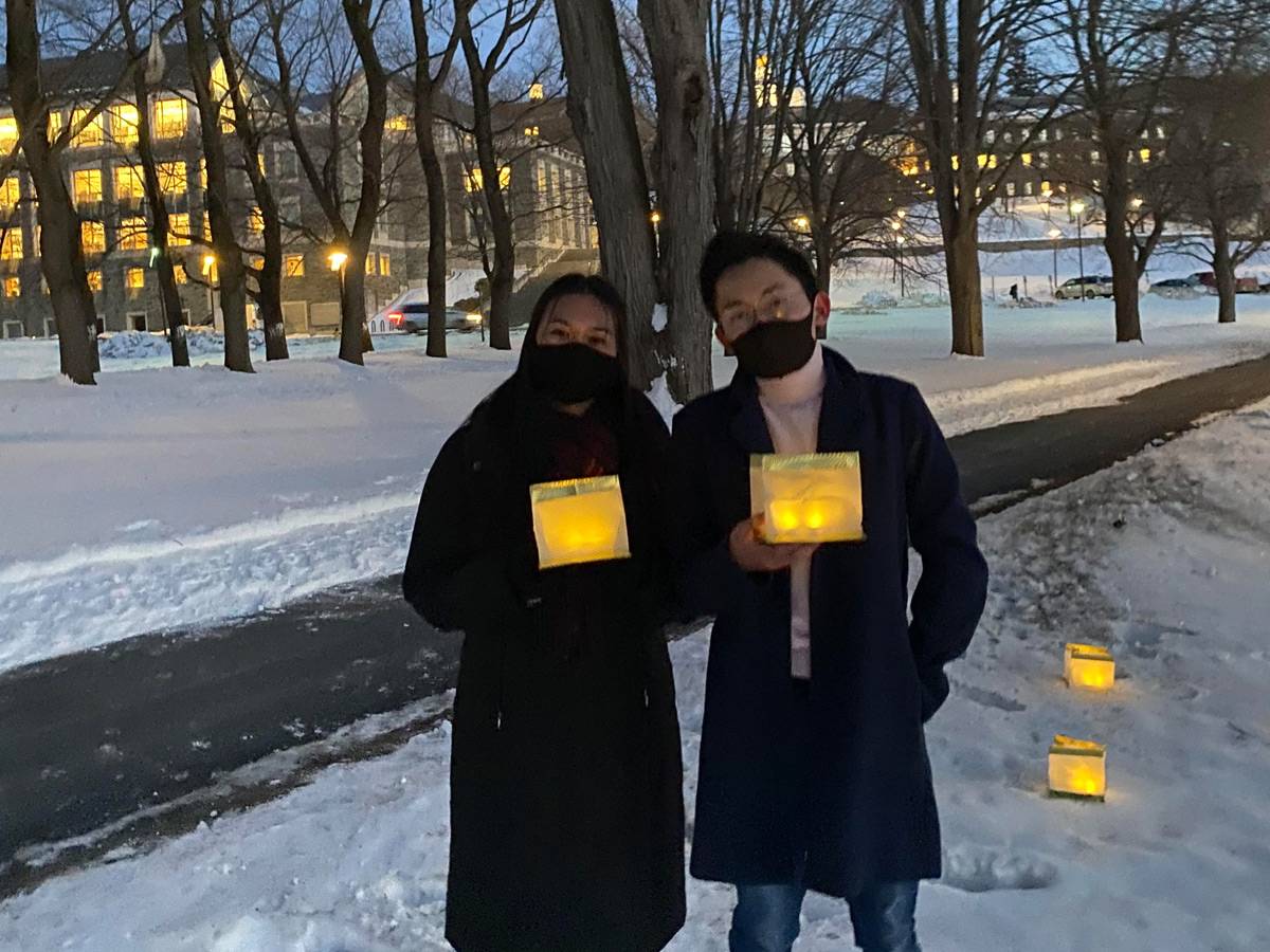 Alex and a friend celebrating Lunar New Year on Colgate's campus.