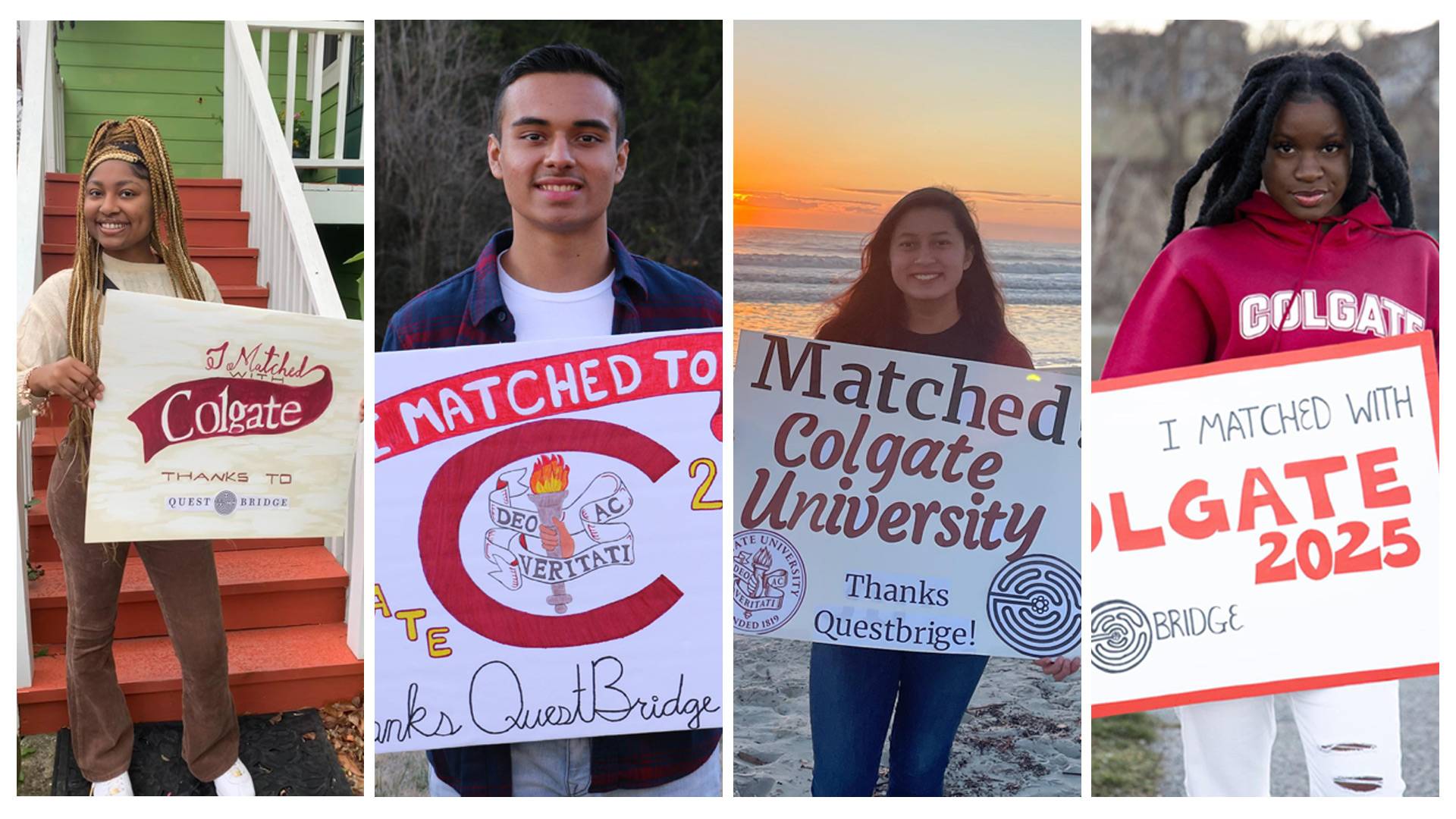 QuestBridge students holding signs that say they are matched to Colgate.