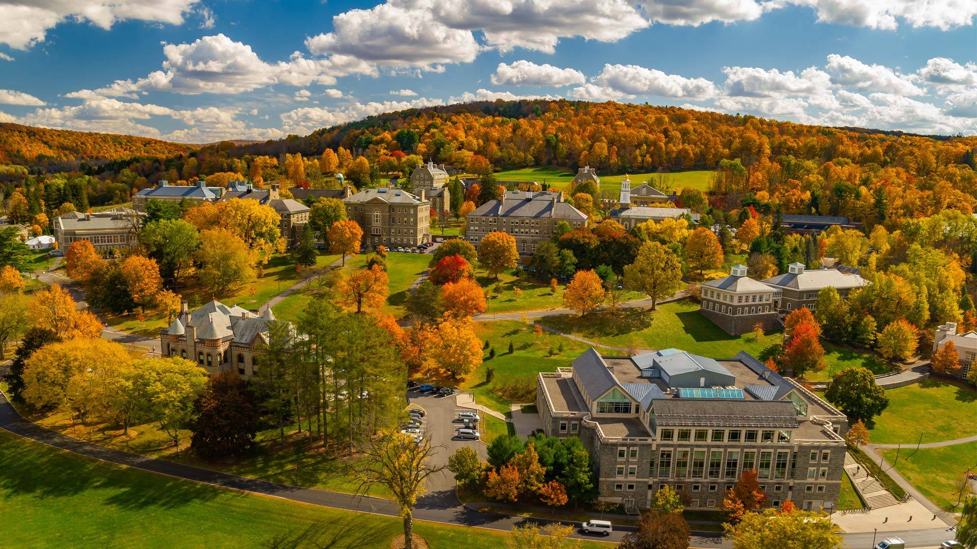 A view of Colgate's campus in the fall from above.