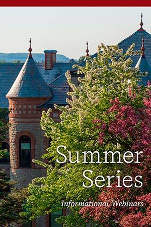 A spring view of campus with the words summer series.