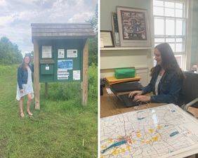 Cassie sitting next to a map as part of the Cazenovia Preservation Foundation