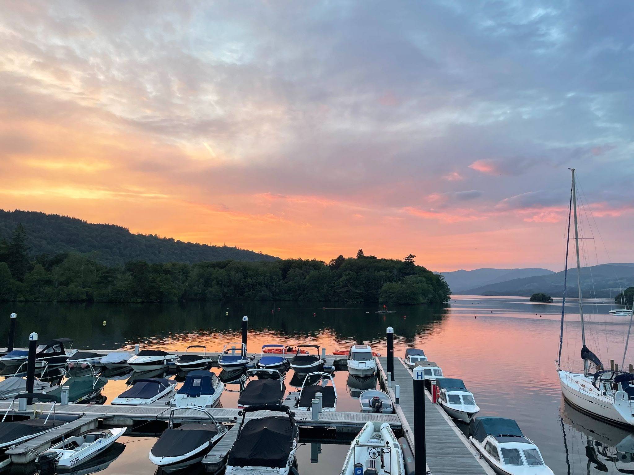 Sunset over a busy Windermere jetty. June 28, 2021.