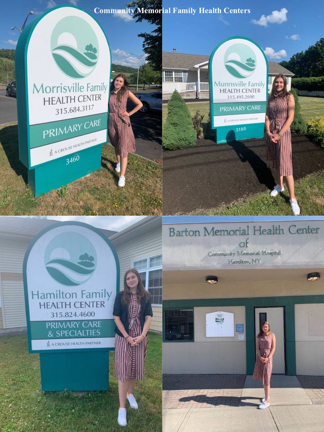 Ekaterina Balsan in front of the signs for the four Family Health Centers.