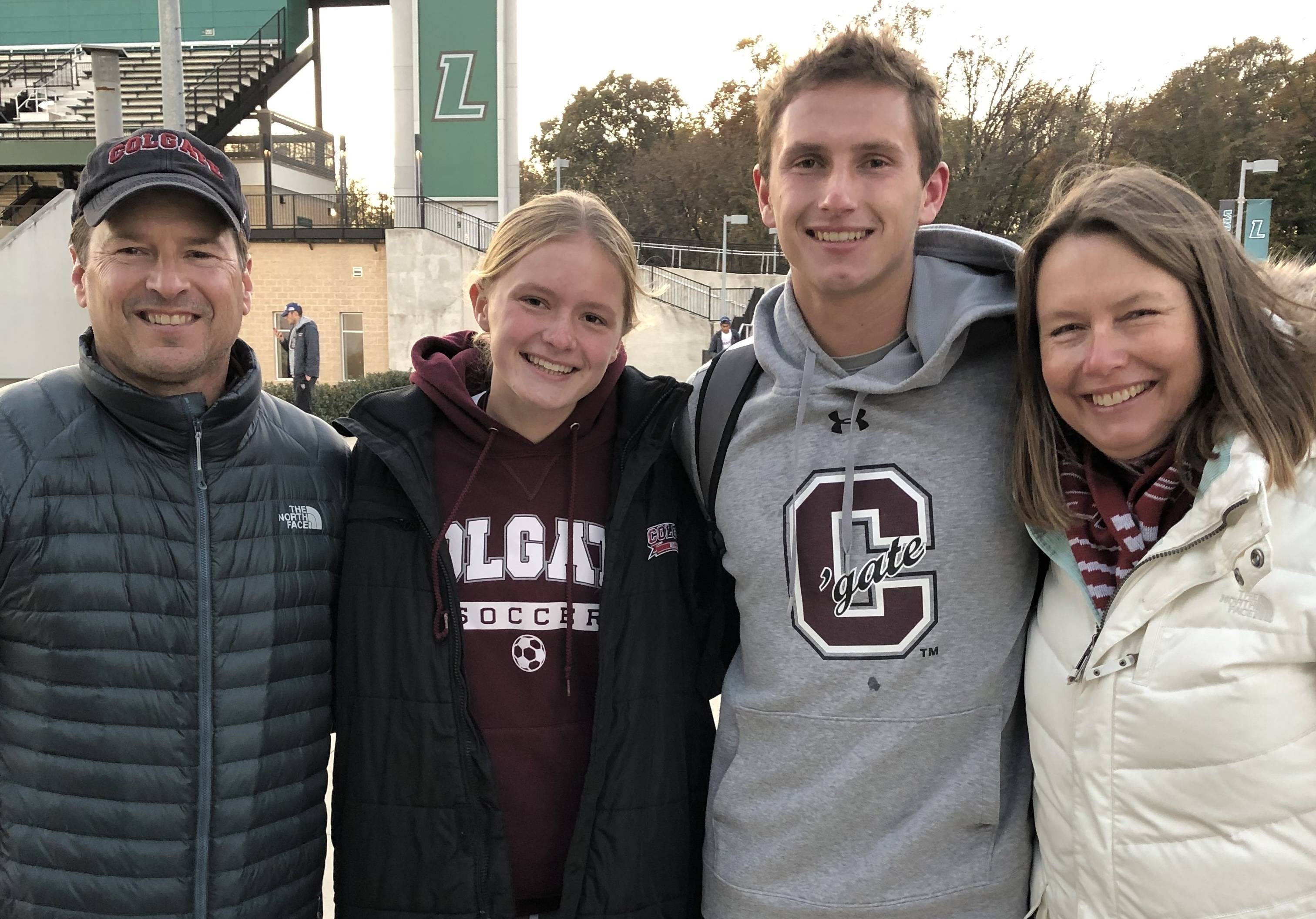 Jesse and family decked out in Colgate gear; father Chris Harris ’87, Jesse Harris ’24, brother Oliver Harris ’19 and mother Louise (Richardson) Harris ’87