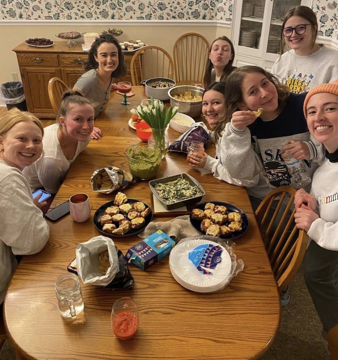 Sarah and the Little Blue (Gamma Phi Beta house) having SuperBowl appetizers.